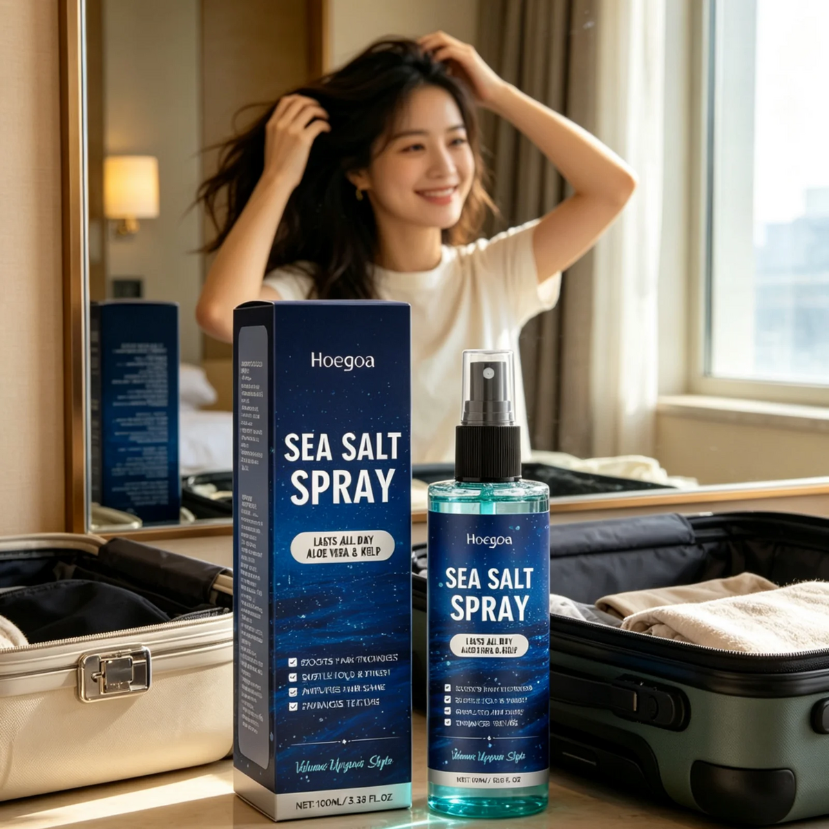 Hoegoa Sea Salt Hair Styling Spray Long Lasting Enhance Curl Moisturizing Lightweight Gentle Ingredient Hair Volume Spray 100ml