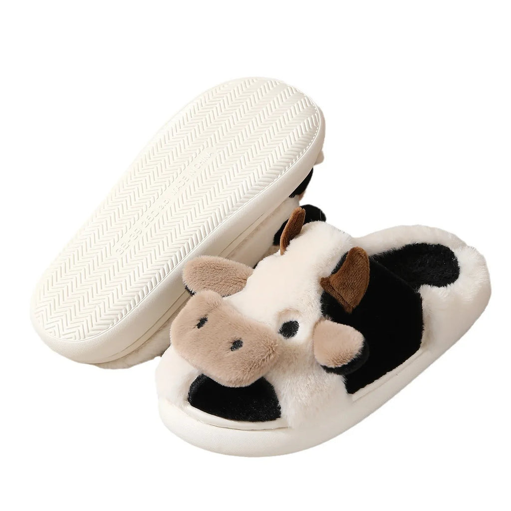 Winter Women Warm Cow Slippers Girls Cute Soft Indoor Bedroom Sandals Men Non-slip Plush Slides Couples Funny Flat Flip Flops
