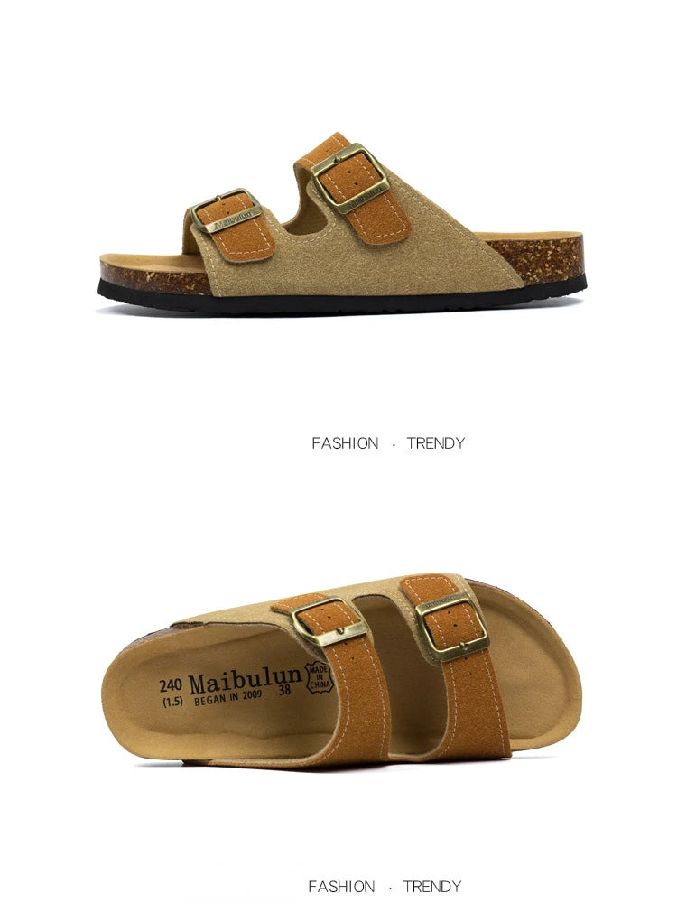 Nubuck Women Cork Slippers Summer Mule Clogs Flats Sandals Slides Casual Beach Couple Double Buckle Soft Shoes Footwear Big Size