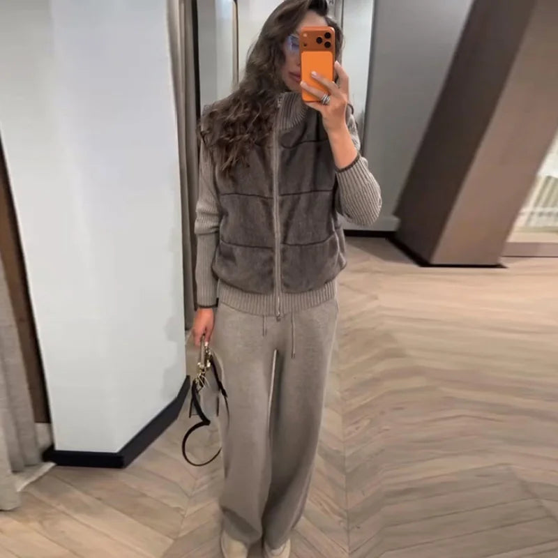2026 Spring Knitted Long Pants Sets For Women Faux Fur Patchwork Zipper Sweater Jacket Wide Leg Trousers Lady Chic 2 Pieces Sets