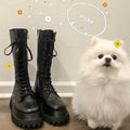 Chunky Women Motorcycle High Boots Fashion Lace Up Long Boots Platform Flats Autumn Winter Ladies Shoes