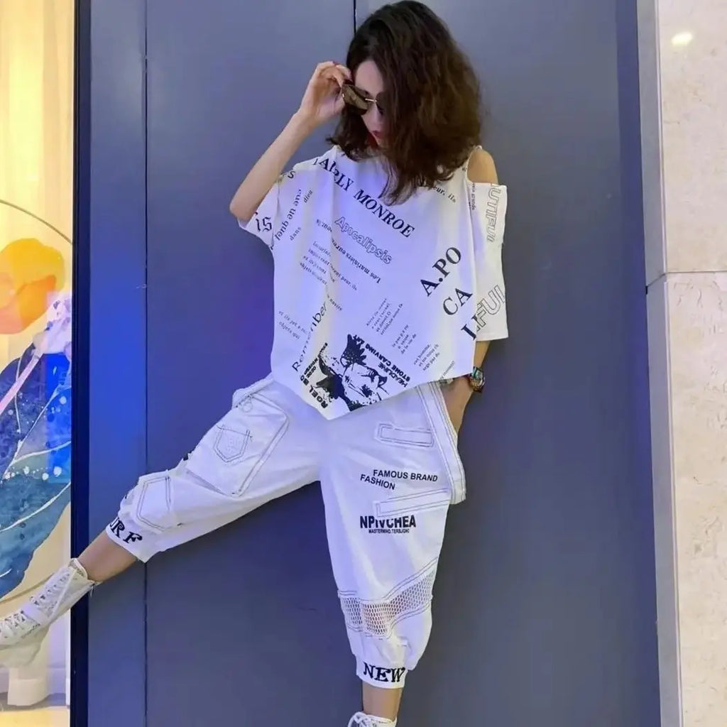 2026 Summer Womens 2 Piece Outfit Set Fashion Off Shoulder Stand Neck Short Sleeve T Shirt Tops+Casual Printed Capris Pants Suit