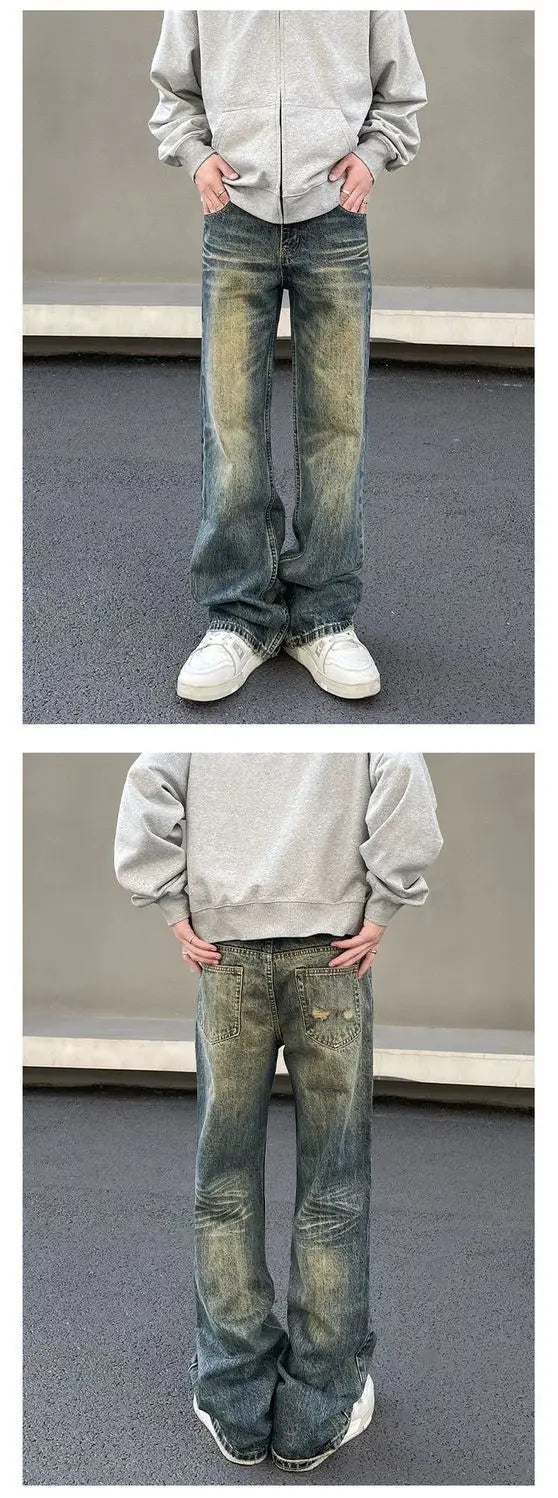 Mens Vintage Washed Distressed Loose Flare Denim Jeans