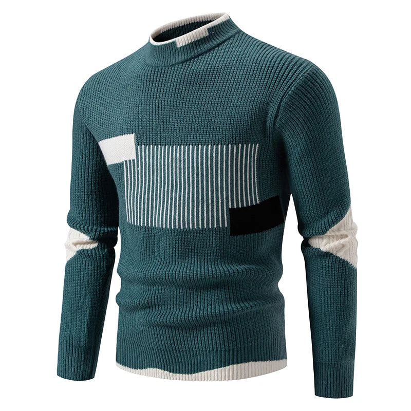 Striped Jacquard Man Pullover Sweaters Jersey Cuello Alto Hombre Autumn Winter Half High Collar Long Sleeve Men Knitted Sweater