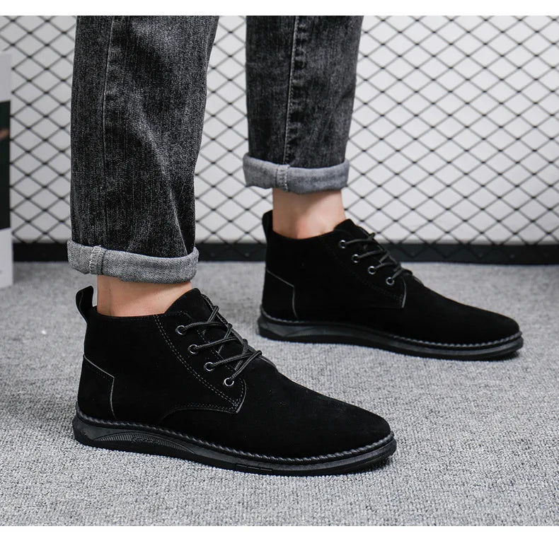 High Top Casual Grey Suede Shoes Men's Lace Up Black Flat Bottom Short Boots Men's Chelsea Boots High-quality Brand Denim Boots