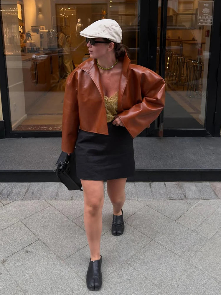 Women Retro Cropped Pu Leather Jacket High Stand Collar Open Front Loose Oversized Long Sleeve Outerwear Street Short Outerwear