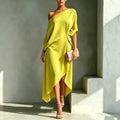 Women Summer Elegant Off Shoulder Half Sleeve chic Dress Batwing Sleeves Irregular Button Design Vintage Casual Holiday Dresses