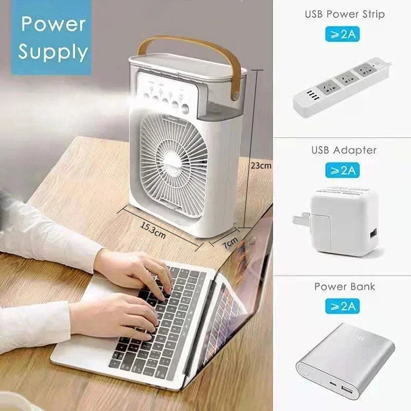 Portable 3 In 1 Mini Air Conditioner Fan Humidifier LED Night Light Adjustable Wind Speed Desktop Cooler For Bedroom Office Stud