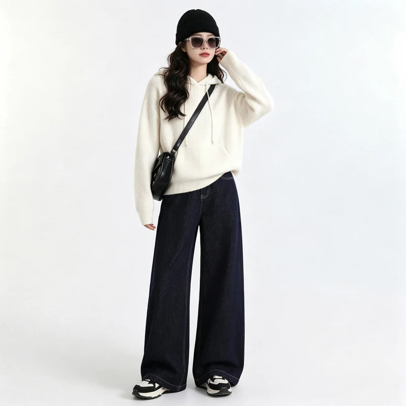 Raw Denim High Waist Wide Leg Draped Jeans Women Vintage Loose Slim Versatile Commute Long Trousers