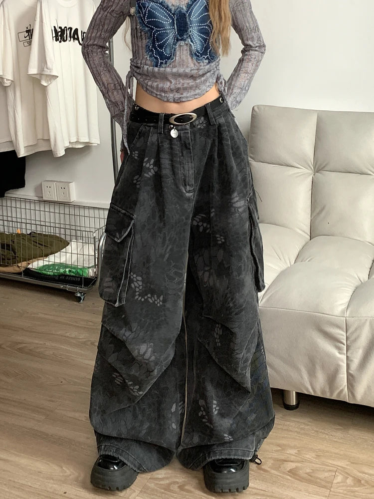 Plus Size Womens Loose Jeans Casual Comfort Stretch Denim Pants Wide Leg Trousers Camo Snake Design Trendy