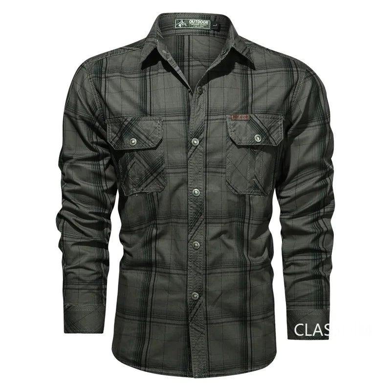 Men Plaid Casual Shirts Male Military Outdoor Loose Multi-pockets Tooling Shirts High Quality Man Large Long-sleeved Shirts 5XL