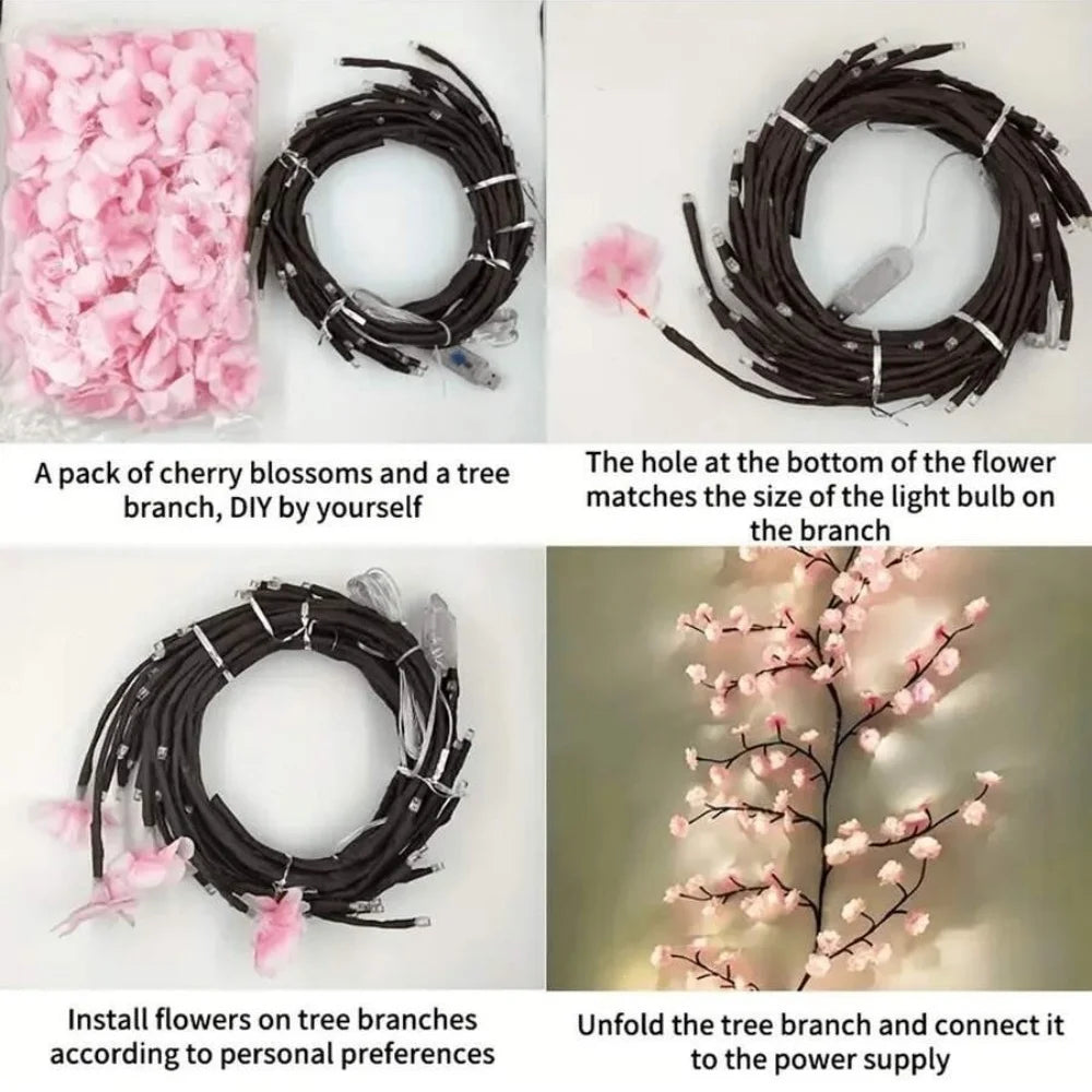 72/96/144 LED Cherry Blossom Branch Lights USB Pink Flower Fairy Lights Indoor Bedroom Wedding Garden Aesthetic Decor String
