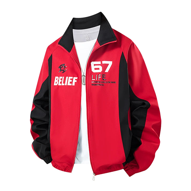 Men's Black Red Color Block Stand Collar Jacket Letter Print Zip Up Casual Streetwear Outerwear