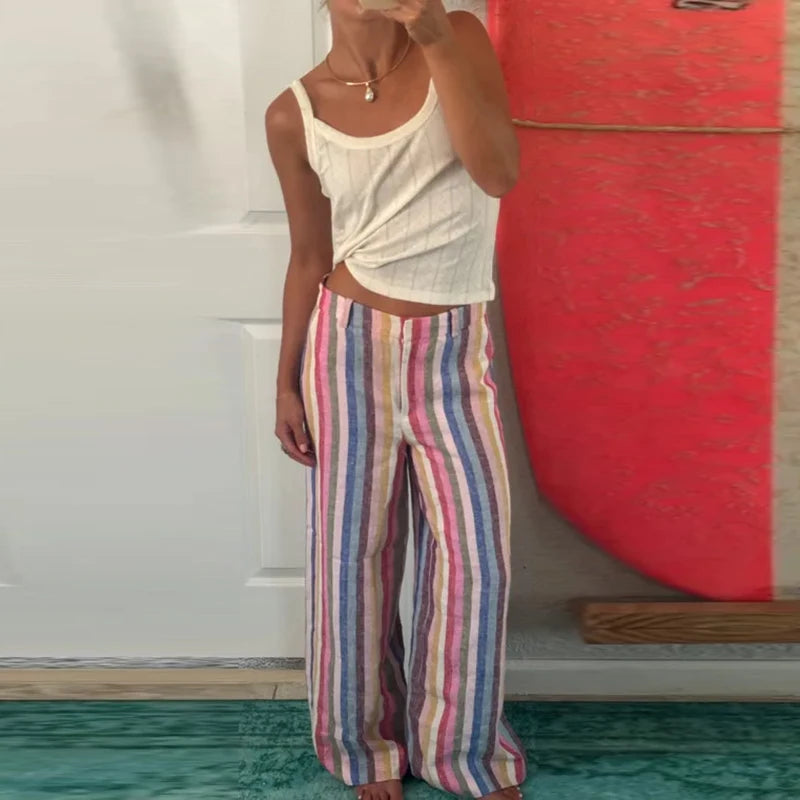 Casual Stripe Contrast Women's Pants Loose Zipper Button Pocket Wide Leg Female Pant 2026 Spring Summer Lady All-match Trousers