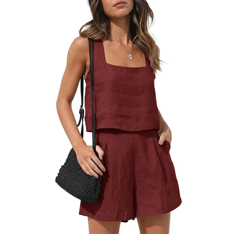 Summer Women's New 2 Piece Sets Simple Casual Solid Color Square Collar Sleeveless Top And Loose Shorts Pant With Pockets Suit