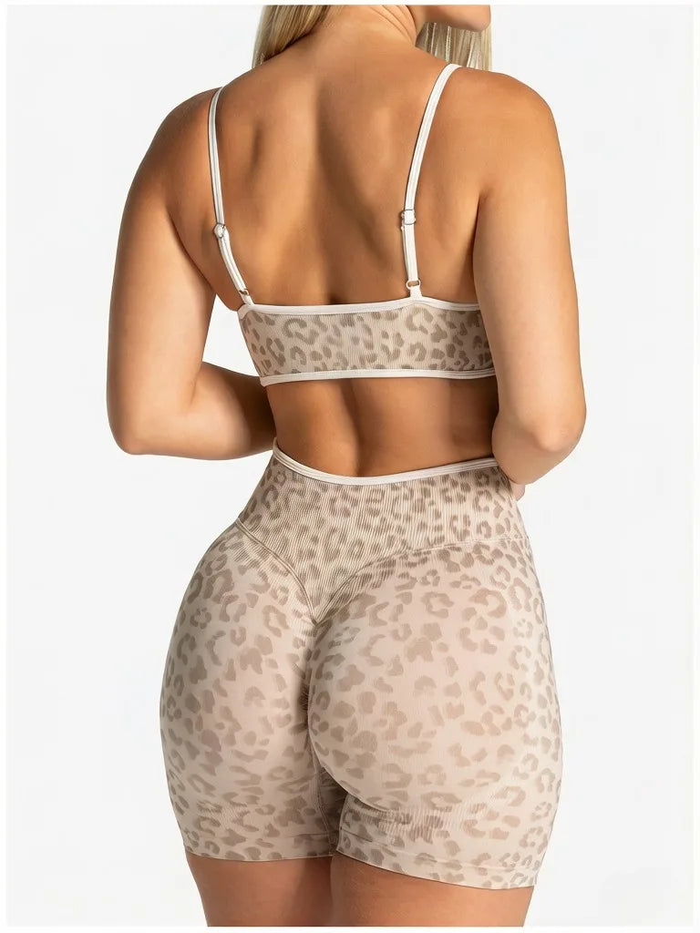 NO LOGO Women leopard print yoga fitness suit, contrasting edge sports bra high waisted leggings running cycling headband