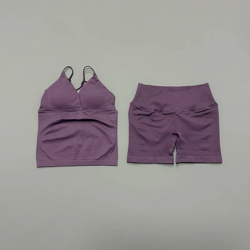 2Pcs Workout Shorts Set Women Cross Waist Scrunch Butt Shorts Tummy Control Racerback Tank Top Running Fitness Two Piece Suit