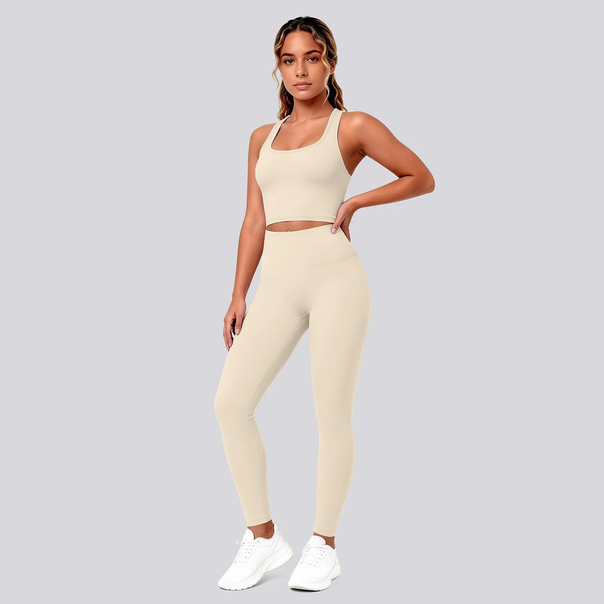 2PCS Solid Color Yoga Set for Woman's Gather Beautiful Back I-shaped Vest Shock-absorbing Running Yoga Tank Top Push Up Pants