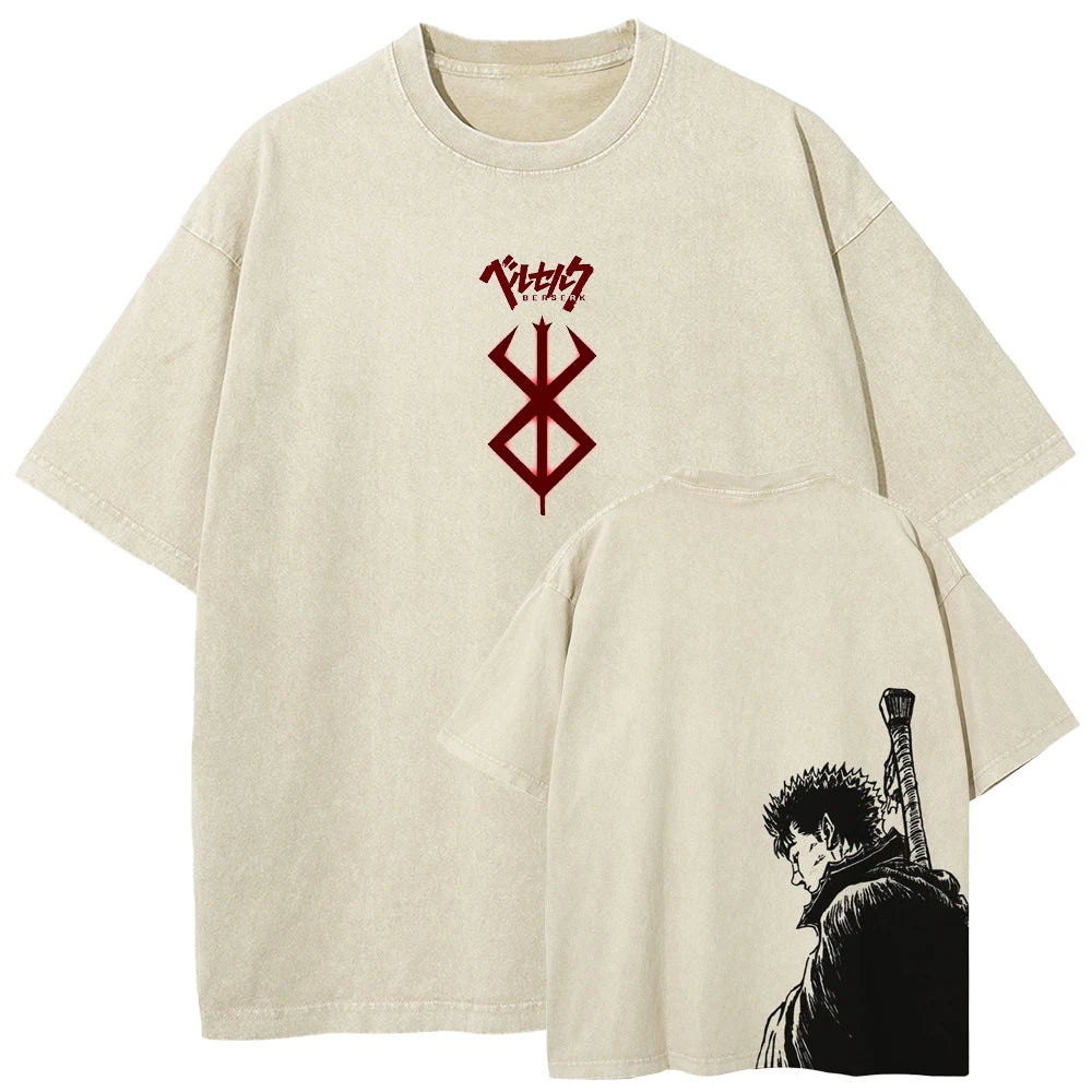 Berserk Guts T Shirt Manga Griffith Printed  T-shirt Men Unisex Clothes Street Vintage Washed Tshirt Short Sleeve Cotton Tees
