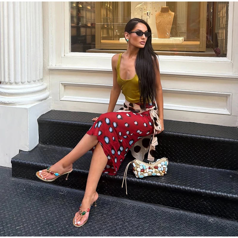High Waist Wrap Tie Midi Skirt Color Block Abstract Floral Patchwork Print Flowy Satin Skirts 2026 Summer Holiday Boho Chic Wear