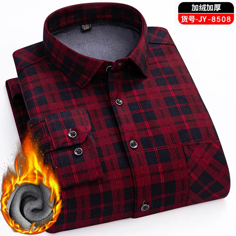 Men's long-sleeved shirts with added fleece and thickening are warm, casual in winter, skin-friendly, soft and cold-resistant