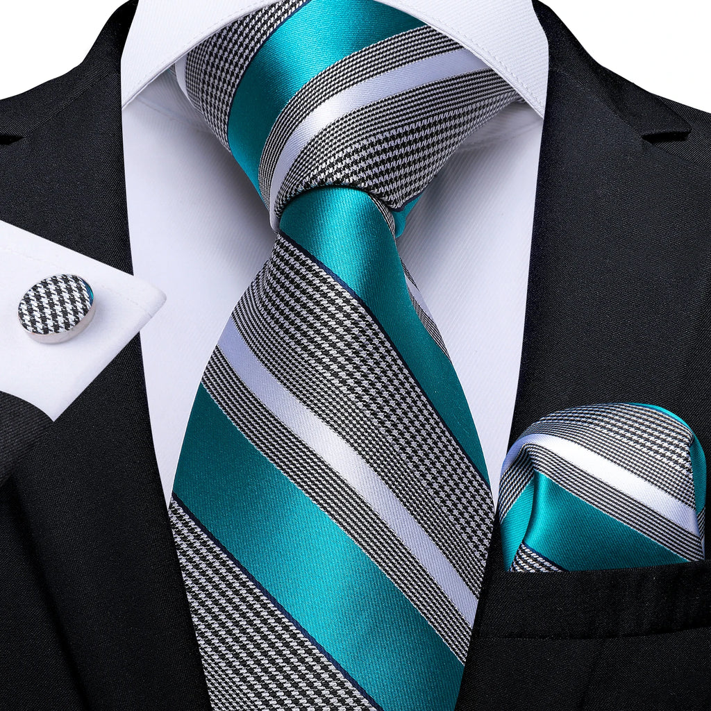 8cm Men's Polyester Ties Pocket Square Cufflinks Green Gold Paisley Wedding Party Accessories Necktie Gift