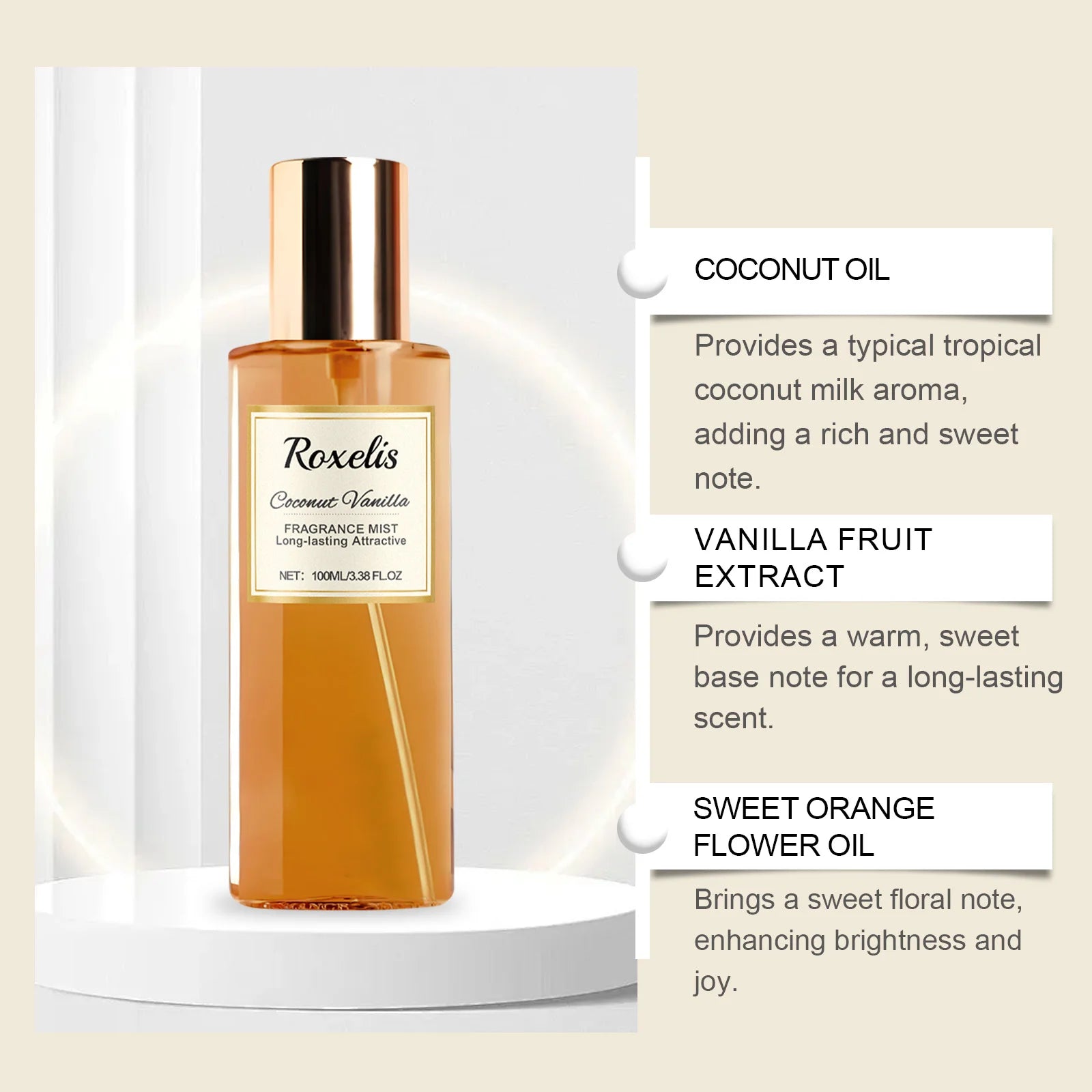 Coconut Vanilla Romantic Body Mist - Fresh Elegant Scent, Long-Lasting Natural Fragrance, Portable Daily Niche Perfume