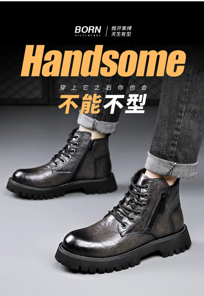 2025 autumn and winter boots men's British style versatile high top leather shoes workwear snow leather boots men's short boots