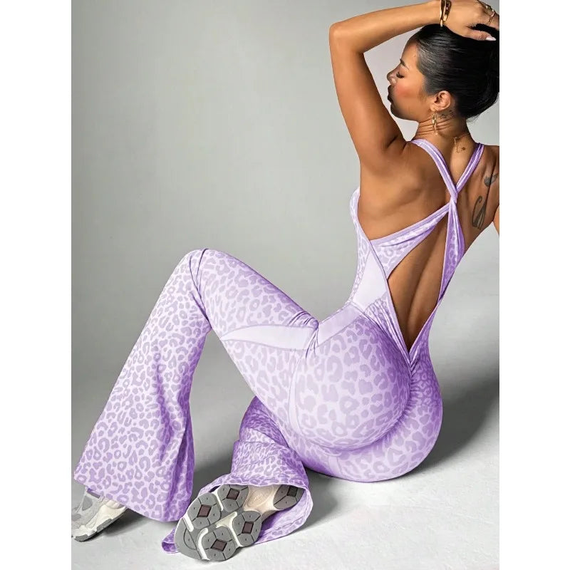 Seamless Leopard Yoga Jumpsuit with Pads Sport Clothes Bodysuit Sleeeless One-Piece Workout Clothes Gym Leggings Sportswear