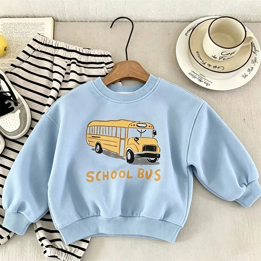 Little Car Print Hoodie Fashion Casual Autumn Clothing Round Neck Pullovers Simple All-match Tops Baby Boys Girls Sweatshirts