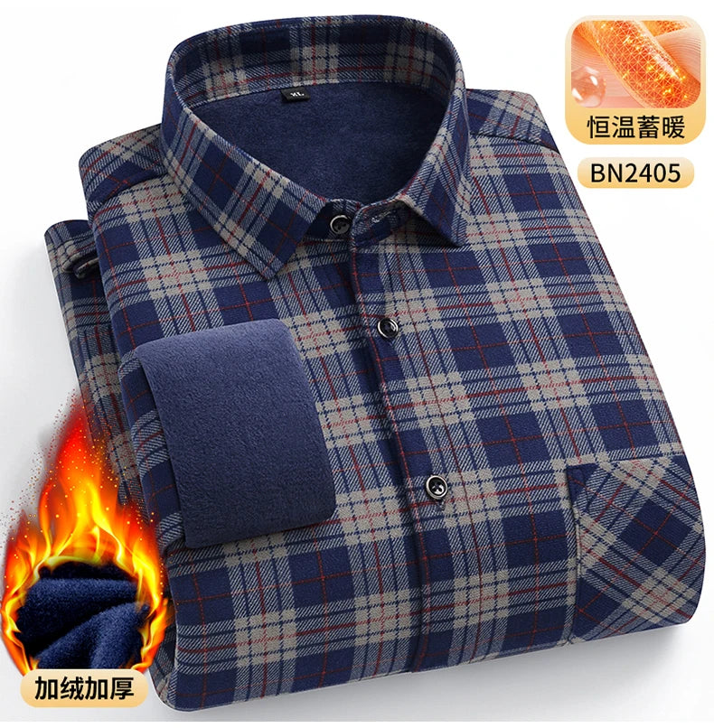 Men's Warm Long-Sleeved Shirt with Double-Sided Fleece, Winter Casual, Cold-Resistant, Street Fashion, Comfortable and Versatile