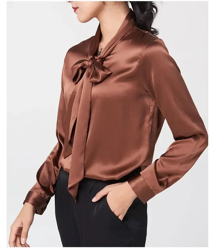 Heavyweight Mulberry Silk Shirt Women's 2025 Spring And Autumn New Long Sleeve Satin Silk Blouse V-neck Bow Ribbon Shirt
