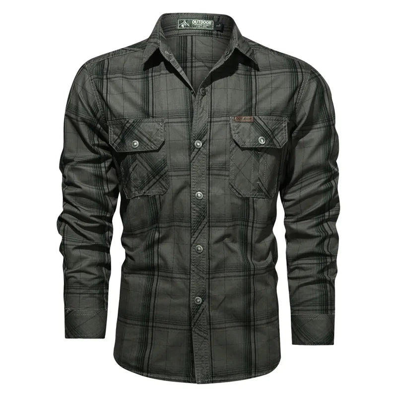 Men Plaid Casual Shirts Male Military Outdoor Loose Multi-pockets Tooling Shirts High Quality Man Large Long-sleeved Shirts 5XL