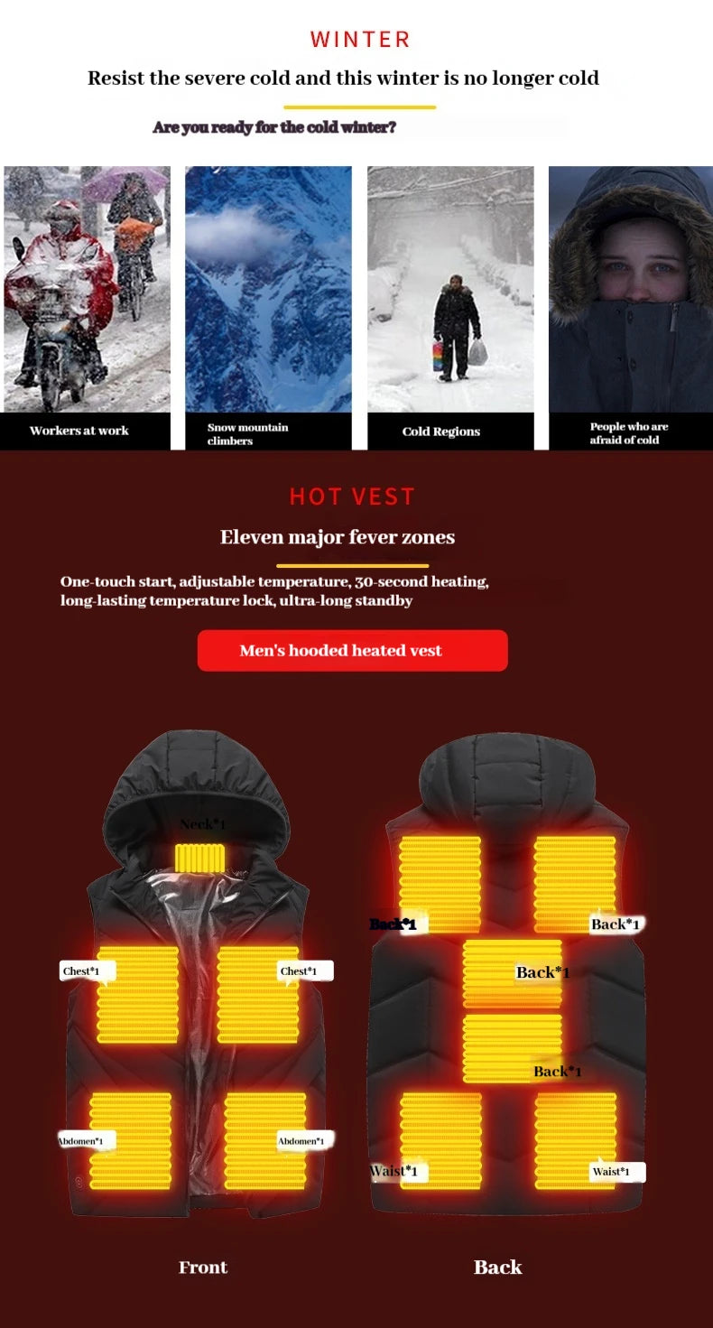 New 11 Wheel Drive Unisex Heating Suit for Men USB Smart Heating Vest for Men, Electric Heating Graphene Heating Suit