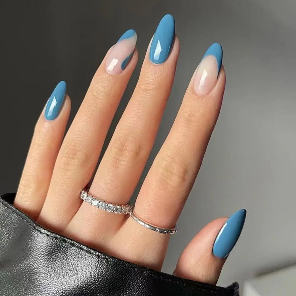 24Pcs/Set Blue Sky White Cloud Fake Nails Glue DIY Manicure Pattern Design False Nail French Stiletto Full Cover Nail Art Tools