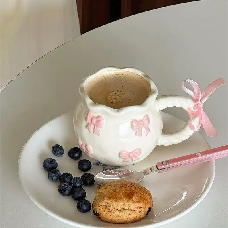 Thickened Cream White Mug Cute Bow Cartoon Ceramic Cup with Handle Milk Cup Coffee Cup Modern Simple Universal Water Cups