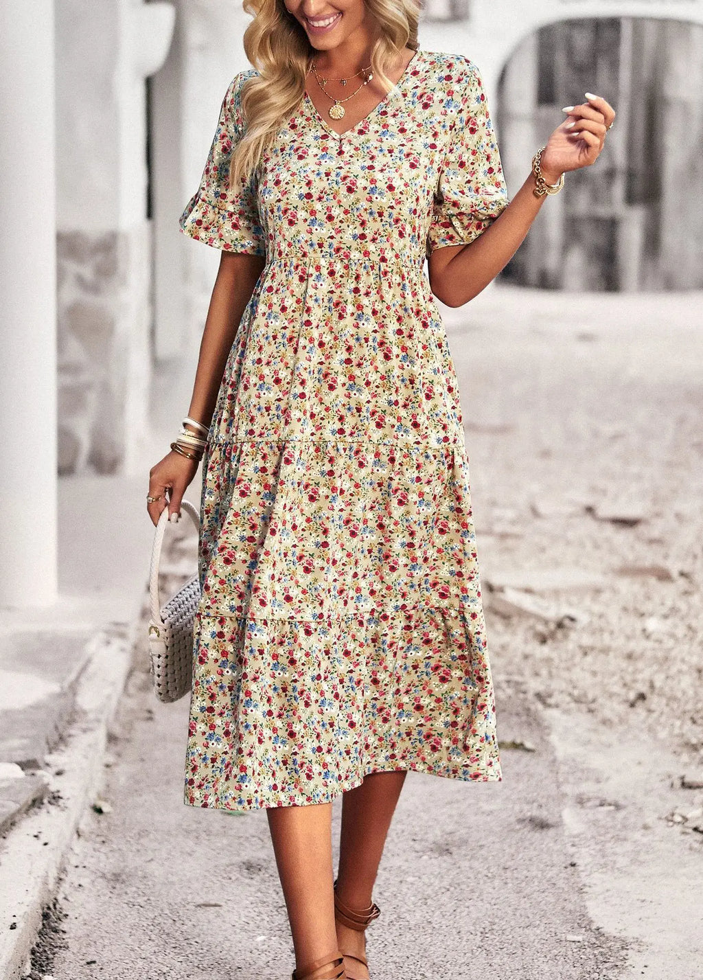Msfilia Fashion V Neck Elegant Printed Dress Women Summer Short Sleeve High Waist A Line Floral Holiday Dresses