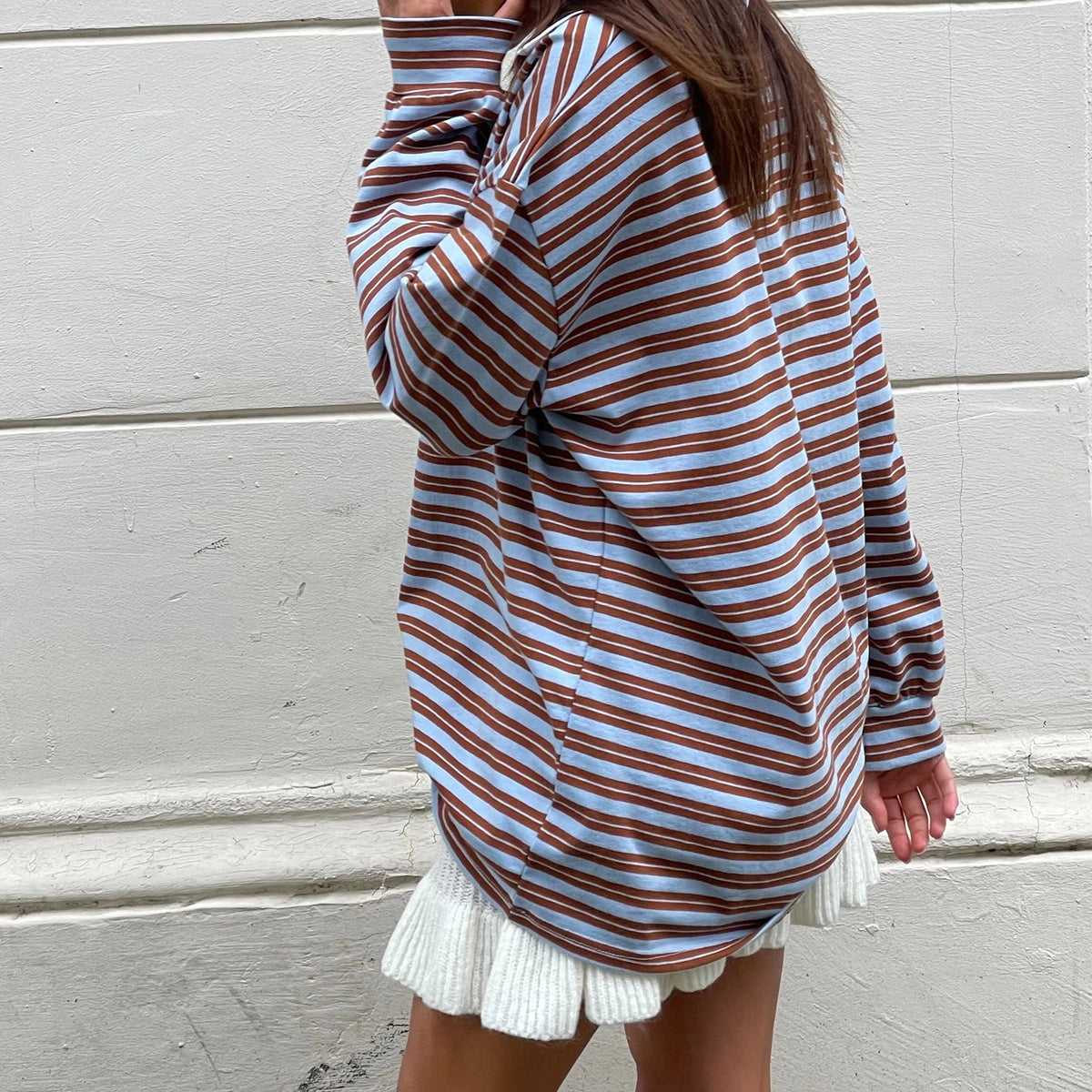 New Fashion Women T-Shirt Long Sleeve Turn Down Collar Stripes Fall Tops Streetwear For Casual Daily Hot Sale S M L