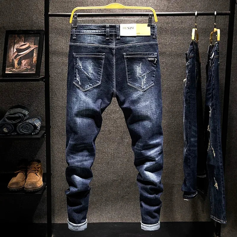 Elastic Fashion Jeans Men Ripped Vintage Slim Denim Pants Hip Hop Distressed Frayed Fashion Men's Clothing Pants