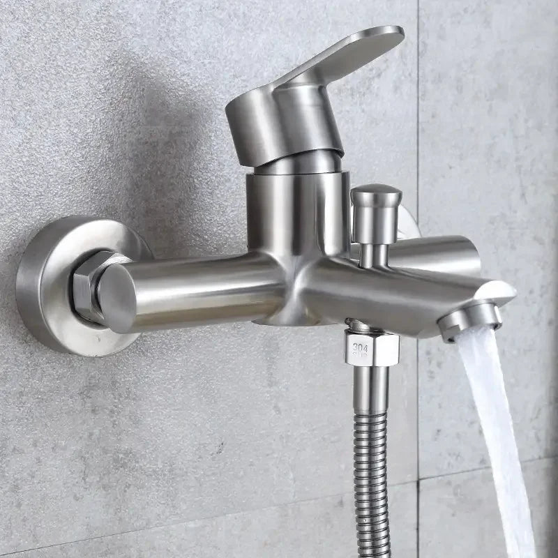 Wall Mounted Cold Hot Water Mixer 304 Stainless Steel Triple Valve Nozzle Tap Bathtub Faucet Bathroom Shower Faucet