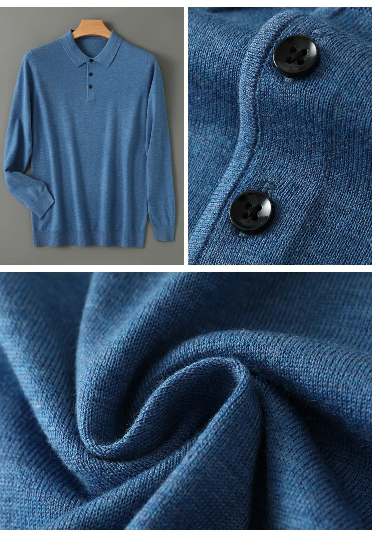Men's Worsted Wool Kknit Pullover, Business Casual Polo Neck Sweater, Monochromatic Loose Top, Autumn and Winter Fashion, New