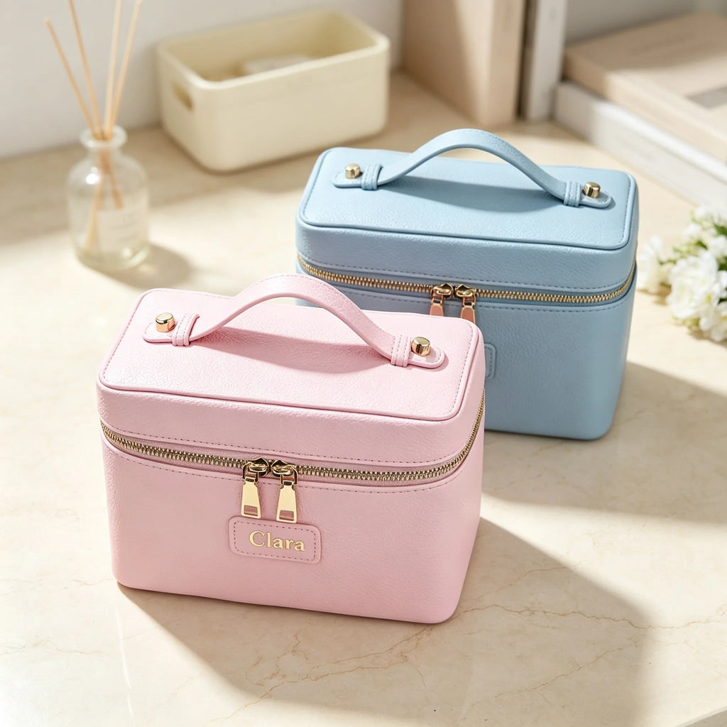 Customized Name PU Leather Cosmetic Bag with Zoned Storage and Large Capacity Travel Toiletry Bag for Autumn Winter New Arrivals