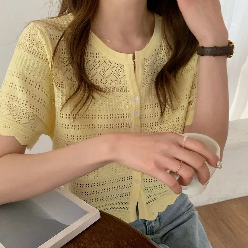 Chic Hollow Out Knitted T-Shirt Women 2026 Summer Button Up Short Sleeve Crop Tee Woman All Match Round Neck T Shirt Female