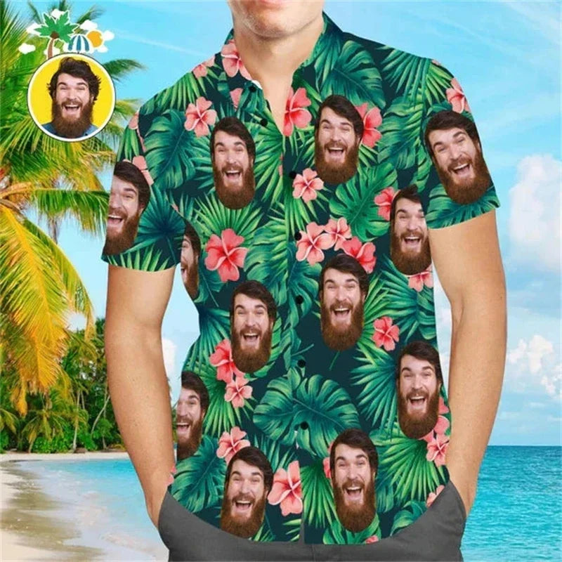 Funy Custom Image Graphic Shirts For Men Clothes Hawaii Diy Photo 3D Print Female Lapel Blouse Personalized Design Short Sleeve