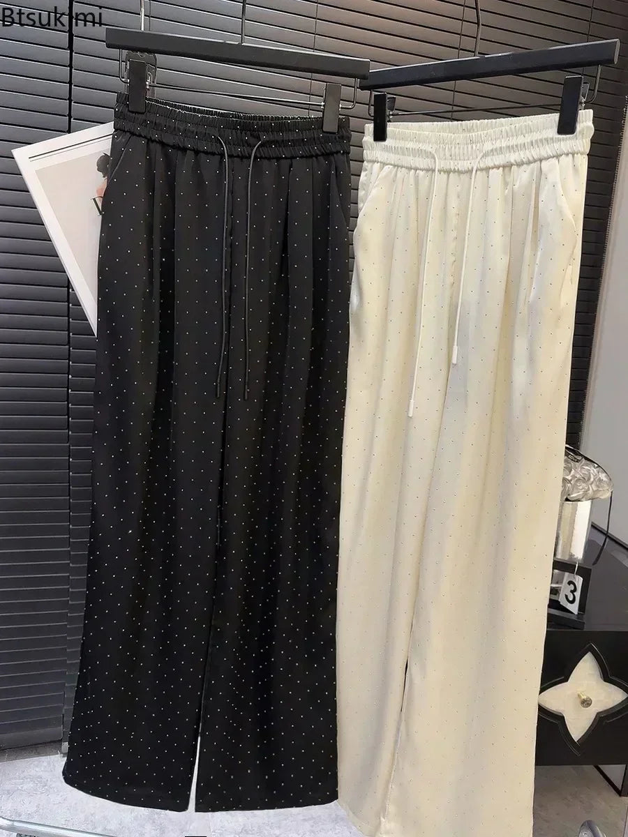 2026 High Quality Luxury Full Rhinestone Wide Leg Pants Fashion New Drawstring High Waist Straight Pants Ladies Casual Trousers