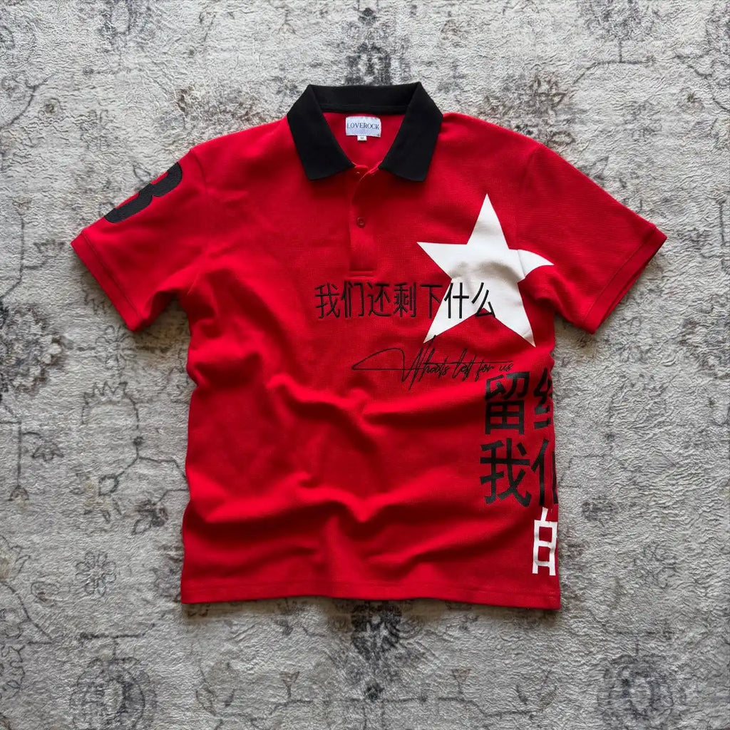 Y2k Gothic Polo T Shirts Men Women Rock Letter Embroidery Hip Hop Loose Men Shirts Round Neck Short Sleeve Polo Shirt Tops