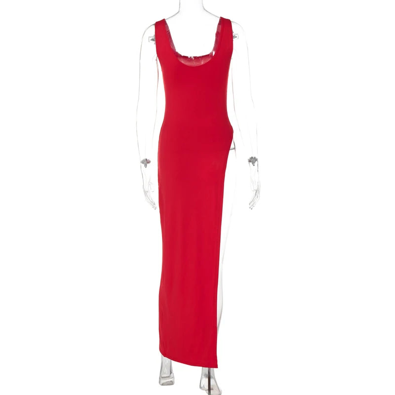 Sexy Sleeveless Side High Split Midi Dress Backless Women's Summer Party Club Streetwear Y2K Style Solid Color