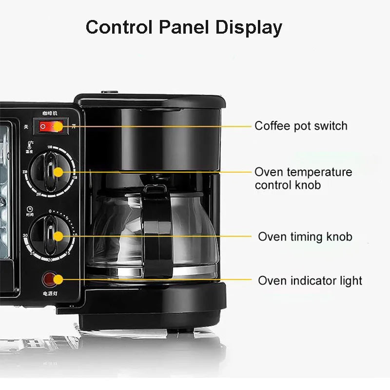 Multi Function 3in1 Breakfast Maker Electric Bread Roast Oven Steaming Coffee Pot Frying Fan In One Machine Kitchen Appliances