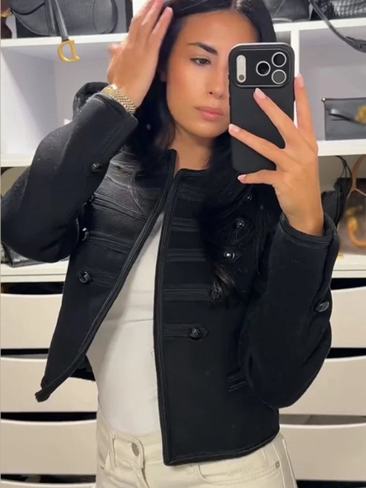 Fashion Round Neck Cropped Jacket For Women Casual Long Sleeve Double Breasted Short Coat Lady 2026 Spring Chic Street Outerwear