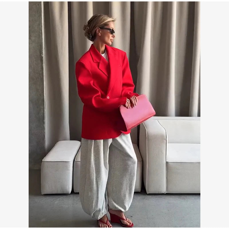 Women Red Fashion Blazer Jacket Lapel Collar Single Button Long Sleeve Loose Casual Coats Oversized Autumn Winter Street Outwear